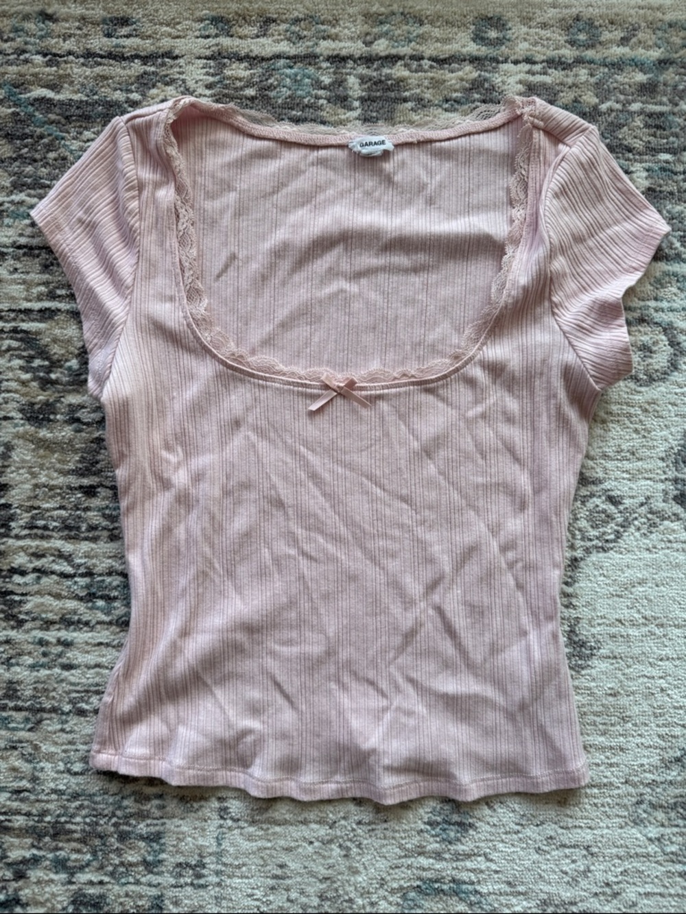 Garage Light Pink Ribbed Scoop Neck Top with Lace Trim